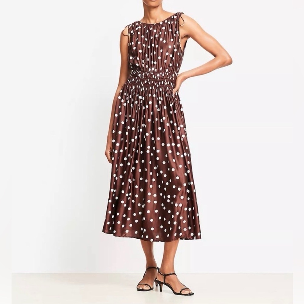LOFT Brown and White Polka Dot Satin Midi Dress Size 4 NWT